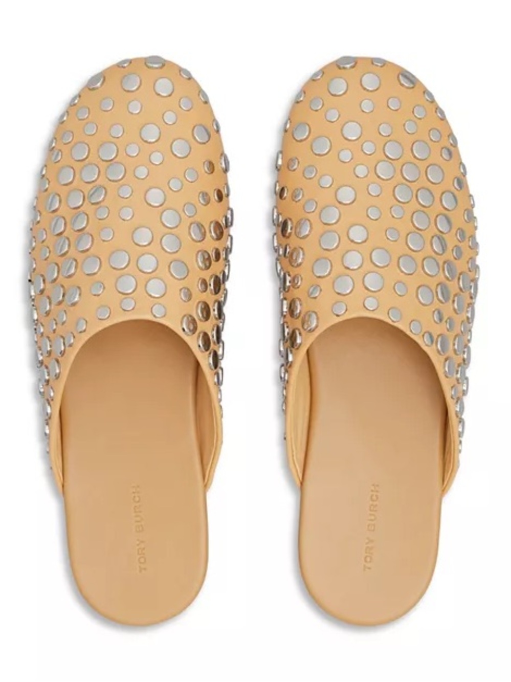 Tory Burch Tan Leather Studded Slip-On Mule with Silver Accents